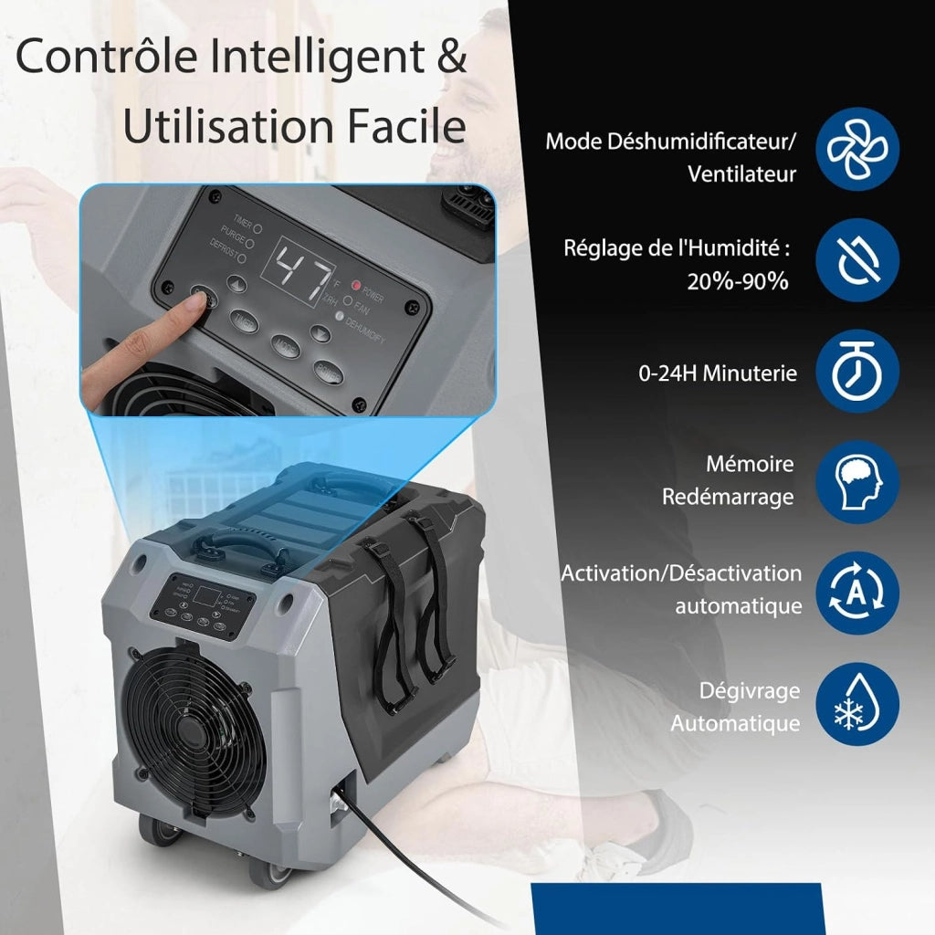 Deumidificatore Elettrico 85L/Giorno, Deumidificatore Industriale Professionale con Pompa di Scarico Automatica, Tubo di Scarico, Timer 24 Ore, per Cantine, Fabbriche, Magazzini (Grigio)