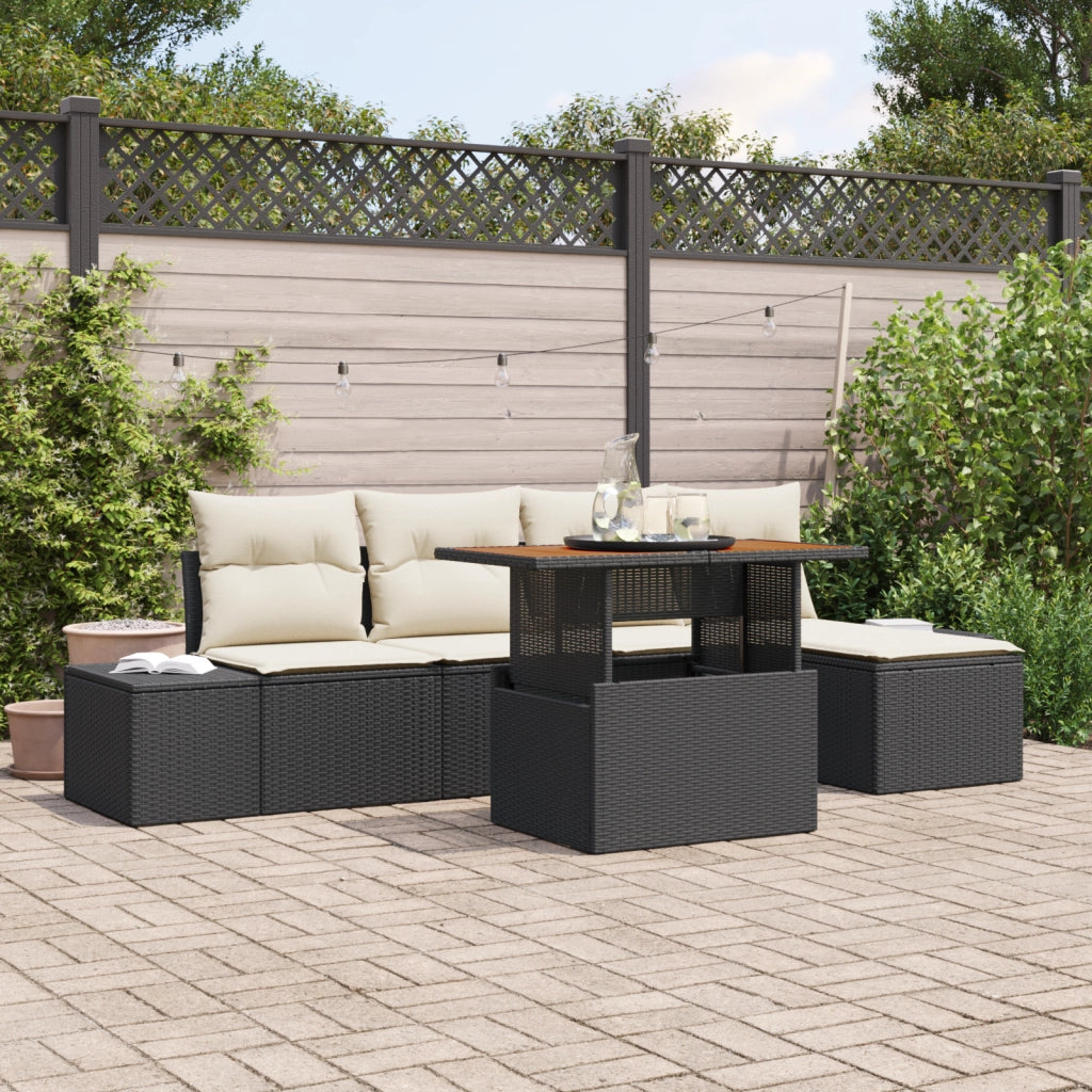 Set da Giardino con 6 Pezzi e Cuscini Nero Polyrattan