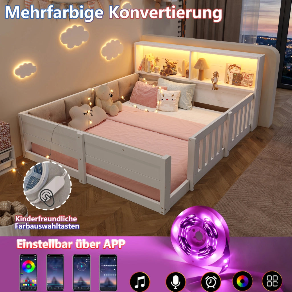 Letto per bambini 140x200 cm con sponde; LED e testiera con contenitore; bianco