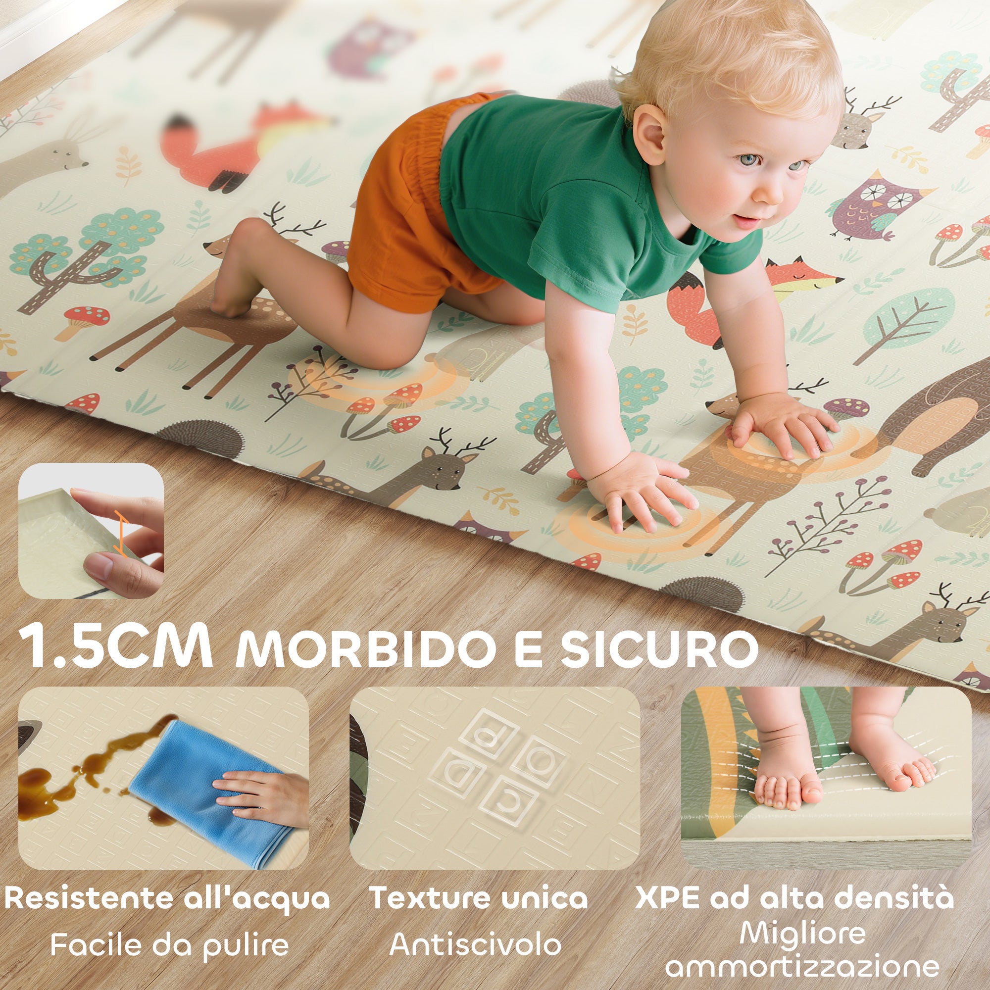 Tappeto Morbido per Bambini 196x176x1,5 cm Superficie Impermeabile in XPE a Tema Foresta
