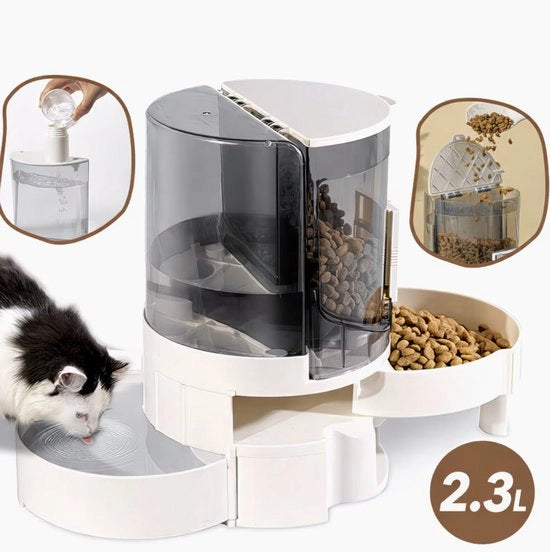 Doppio Ciotola e Fonte per Cani e Gatti – Dispensatore di Cibo Automatico con Serbatoio d'Acqua – Ciotola per Animali con Contenitore Trasparente e Indicatore di Livello – Rifornimento Continuo di Cibo e Acqua