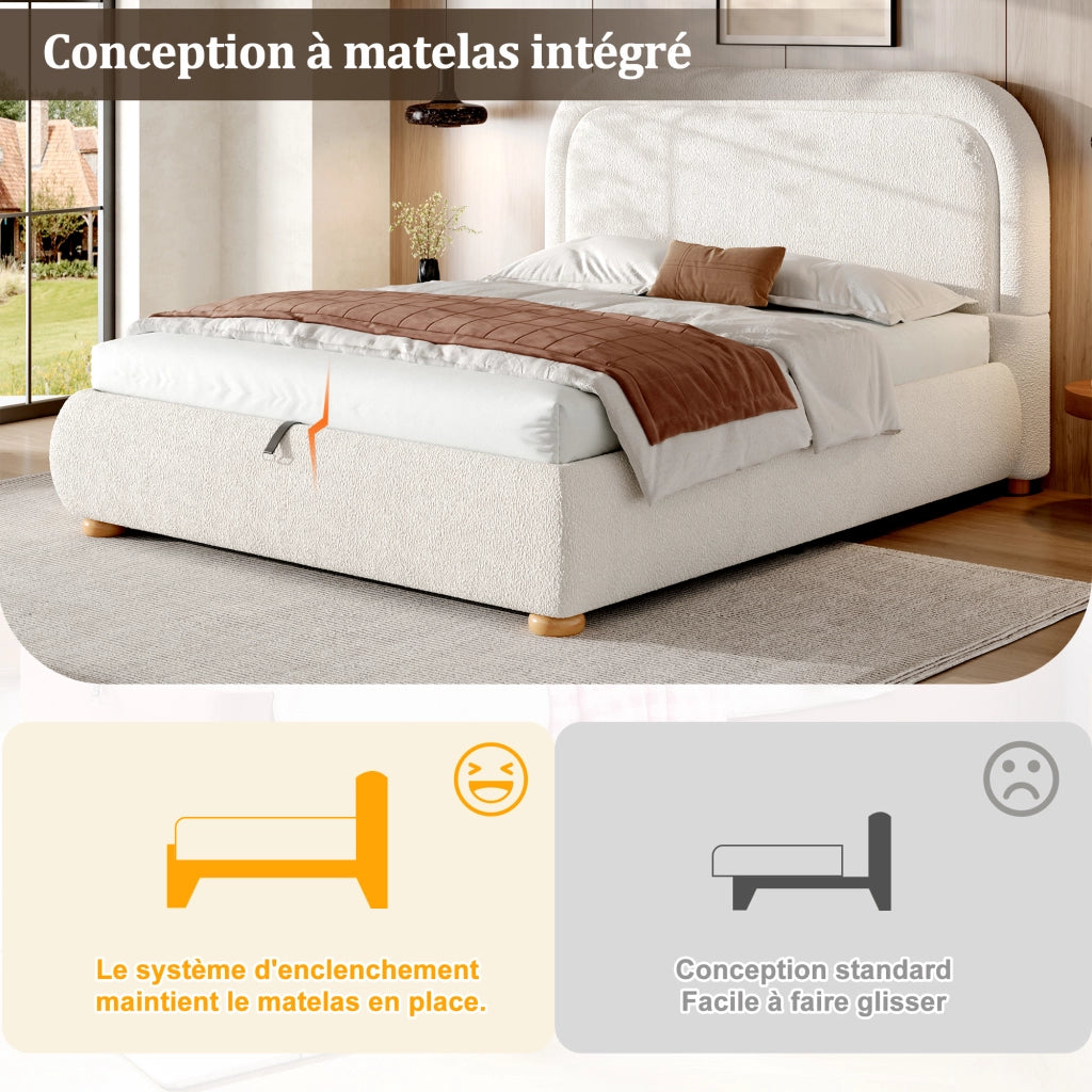 Letto Contenitore Matrimoniale 160x200 cm; Idraulico con Rete; in Bouclé Bianco