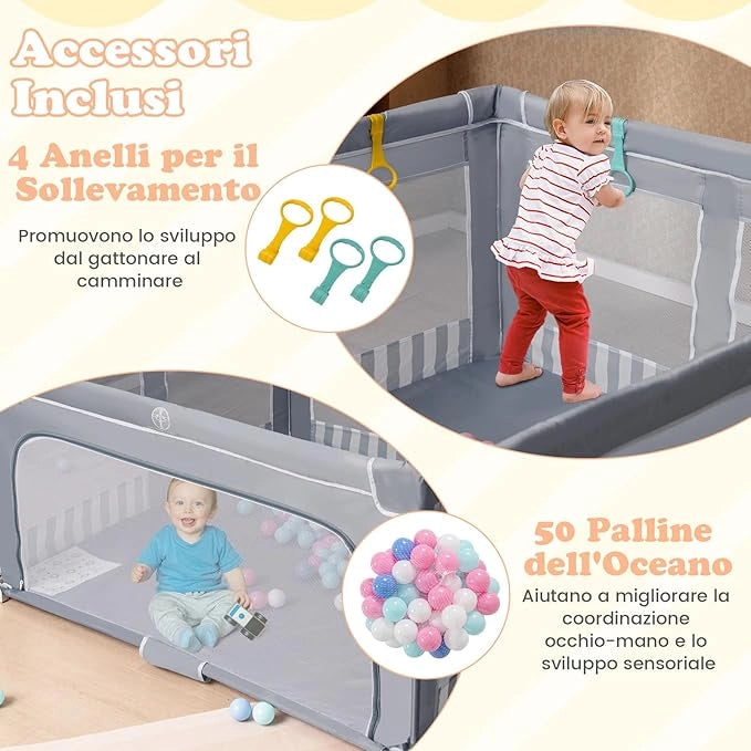 Box per Bambini 150 x 150 cm, Recinto per Bambini Pieghevole in Tessuto Oxford con Rete Traspirante, Box con Giochi che Include 50 Palline, 4 Pezzi Anelli e Borsa (Grigio, 150 x 150 cm)