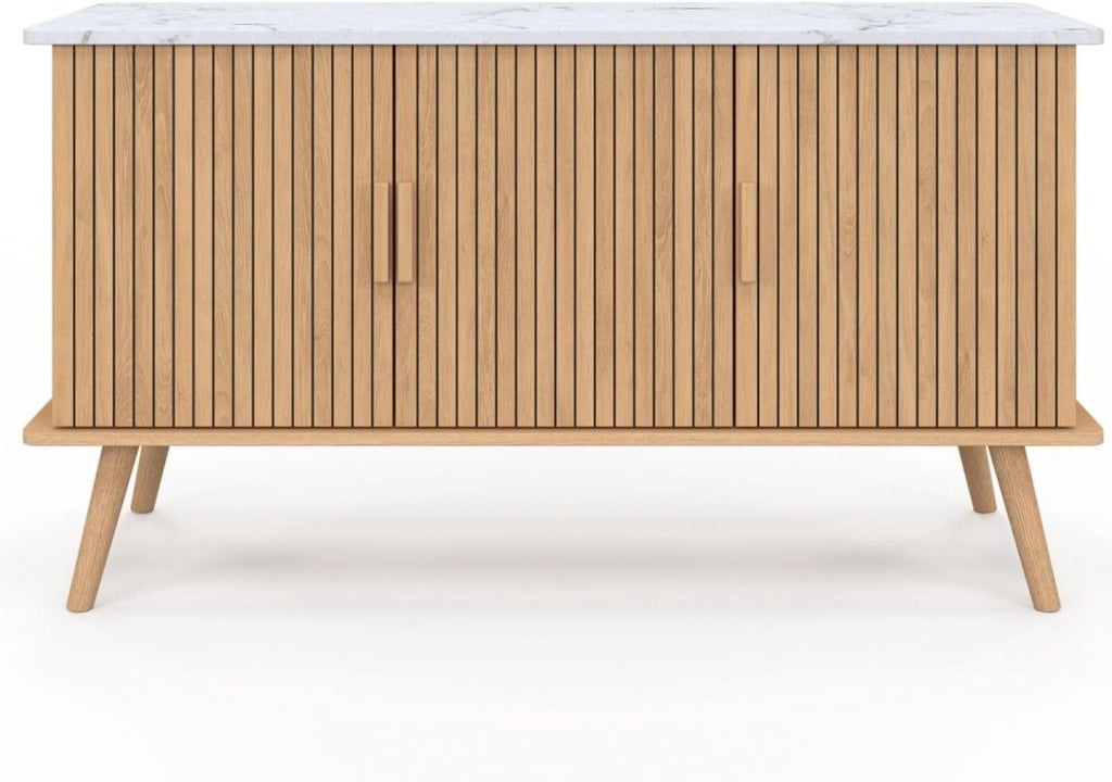 Credenza JULIETTE 110 cm, piano effetto marmo, 3 ante a doghe, doghe in legno color rovere