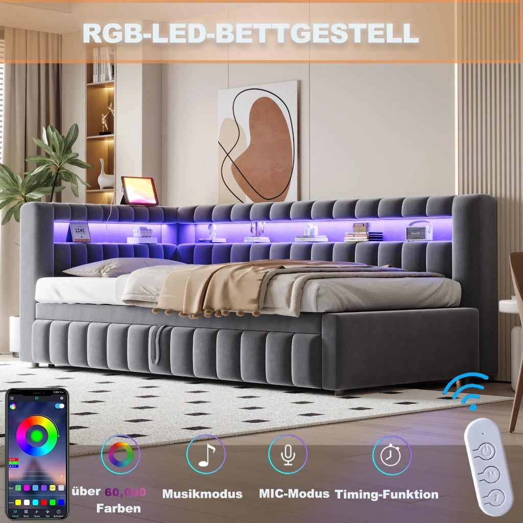 Letto estraibile singolo 90×200 cm con LED; USB e Type-C; ripiani; senza materasso; velluto; grigio