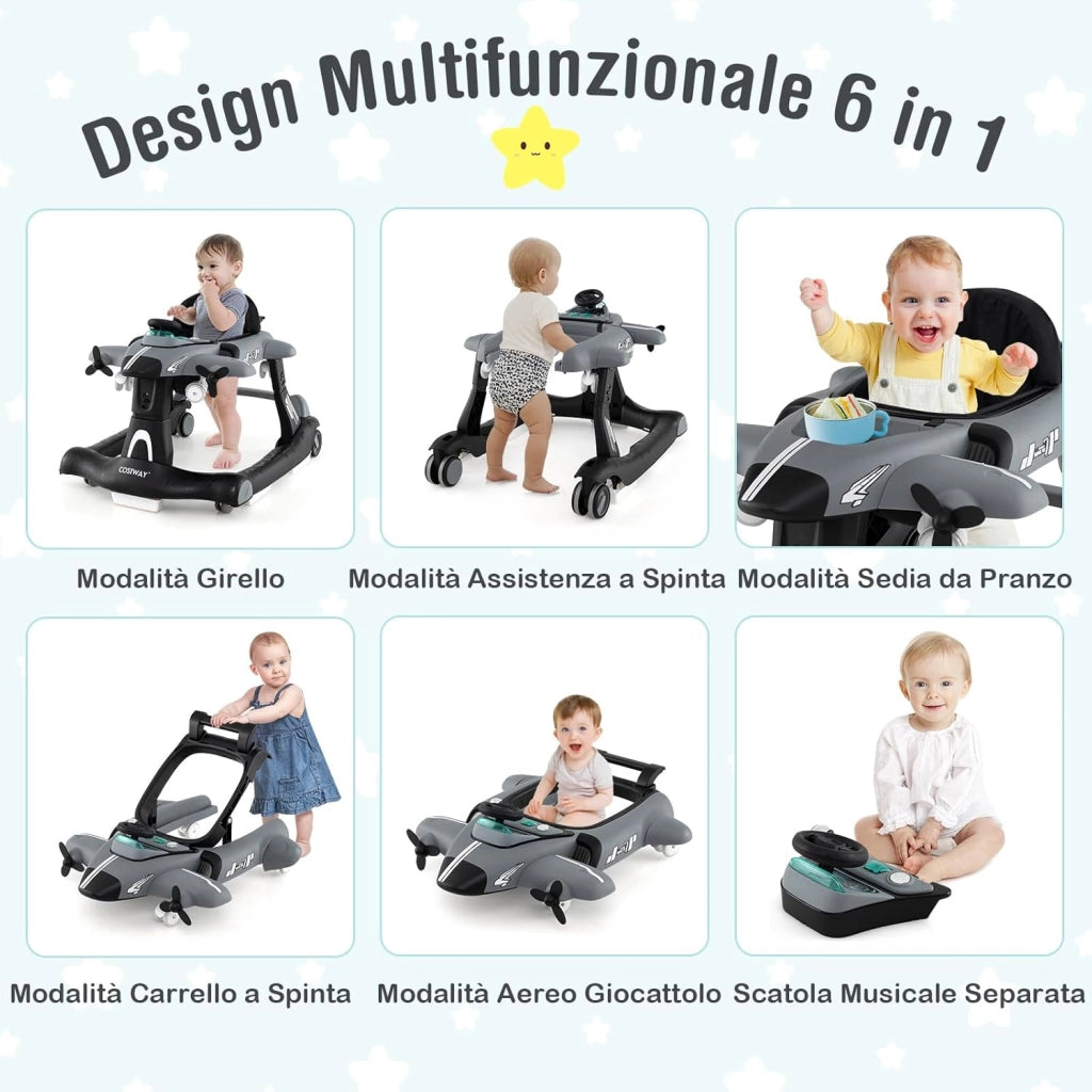 6 in 1 Girello per Bambini, Girello Pieghevole con Altezza Regolabile a 3 Livelli, Scatola Musicale Rimovibile, Vassoio per Alimenti, Portata 12 kg, per Bambini di 6-18 Mesi (Grigio)