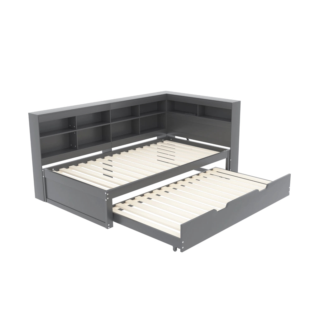 Divano letto multifunzionale 90x200 cm con letto estraibile 90x190; USB e vani contenitore; grigio