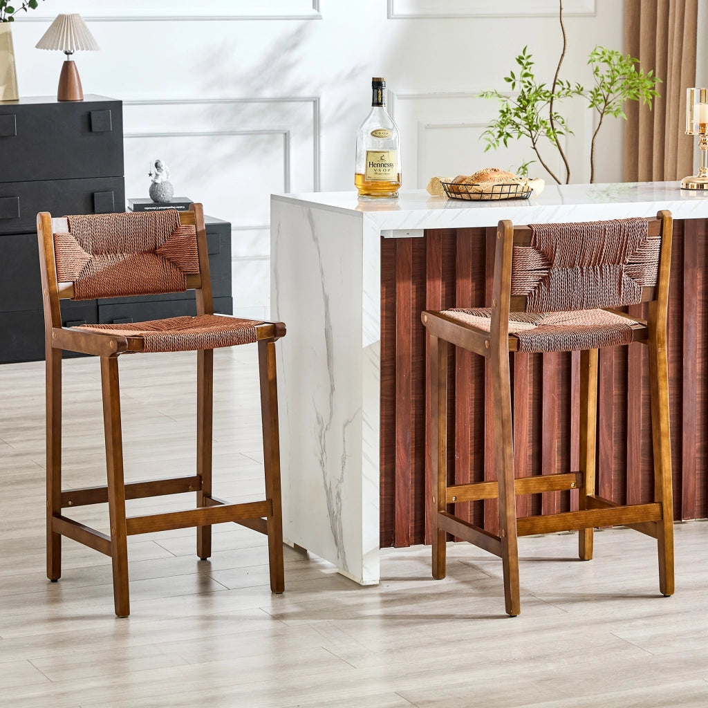 Sgabello da bar set di 2 in legno massiccio con schienale curvo e seduta in corda intrecciata per cucina noce