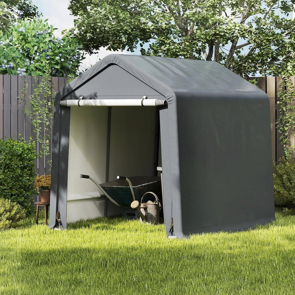 Capanno da Giardino 195 X 240 X 214 CM, Tenda Garage per Bici Moto Attrezzi, con Copertura en PE Impermeabile, Porta con Cerniera, Telaio in Metallo, Picchetti, per Esterno, Grigio