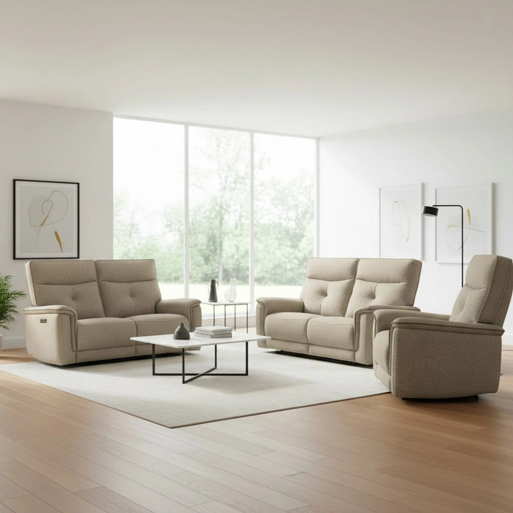 Set divani recliner elettrici Elysio divano 3 posti + divano 2 posti + poltrona recliner tessuto sabbia