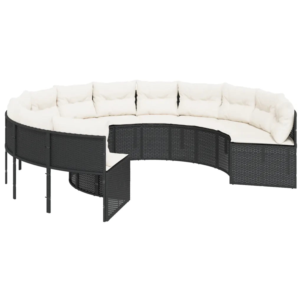 vidaXL Divano Giardino con Tavolo e Cuscini Circolare Nero Polyrattan