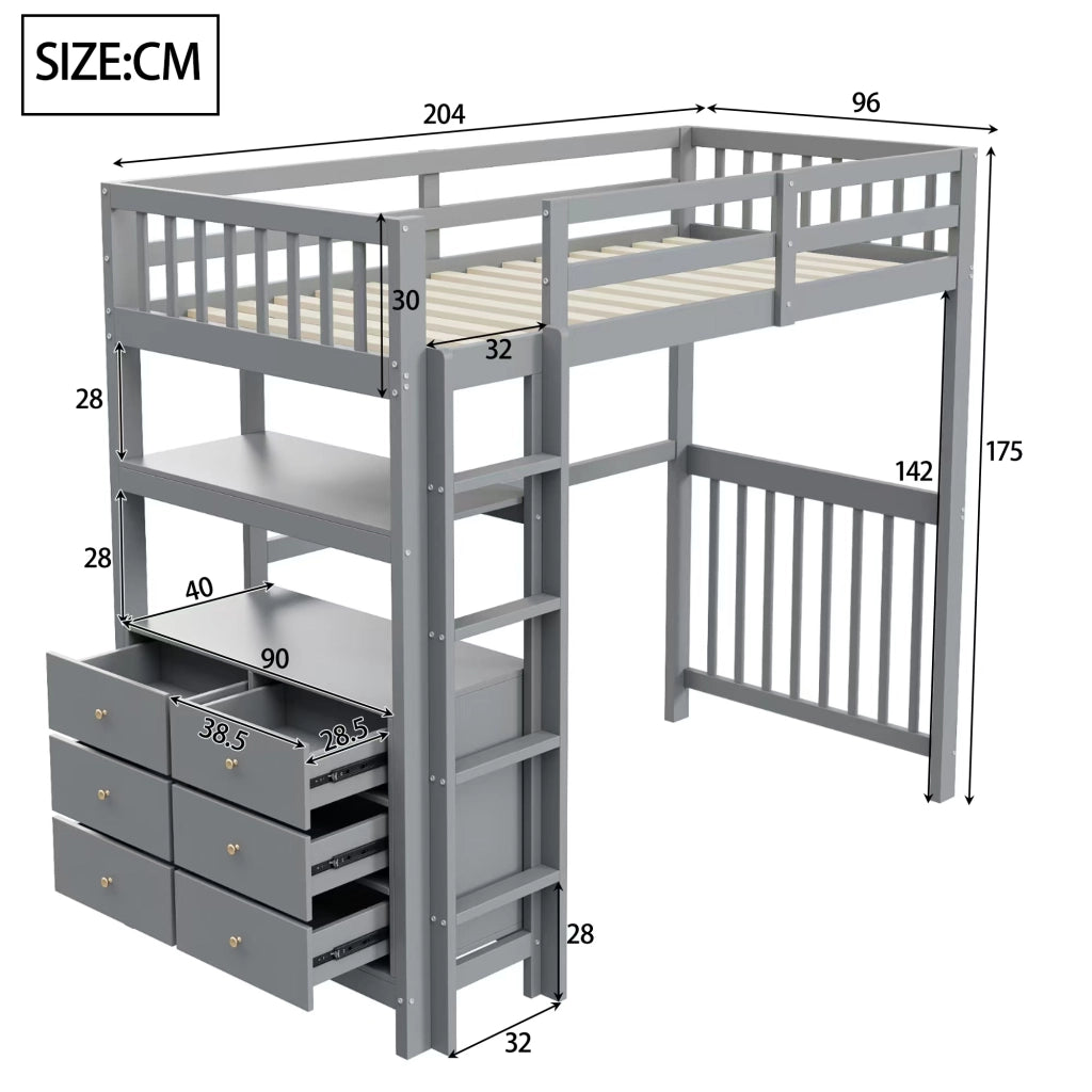 OKWISH Letto a Soppalco 90×200 cm, Letto Singolo con Scala Verticale, 6 Cassetti, Mensole e Sponda di Sicurezza, senza Materasso, Grigio