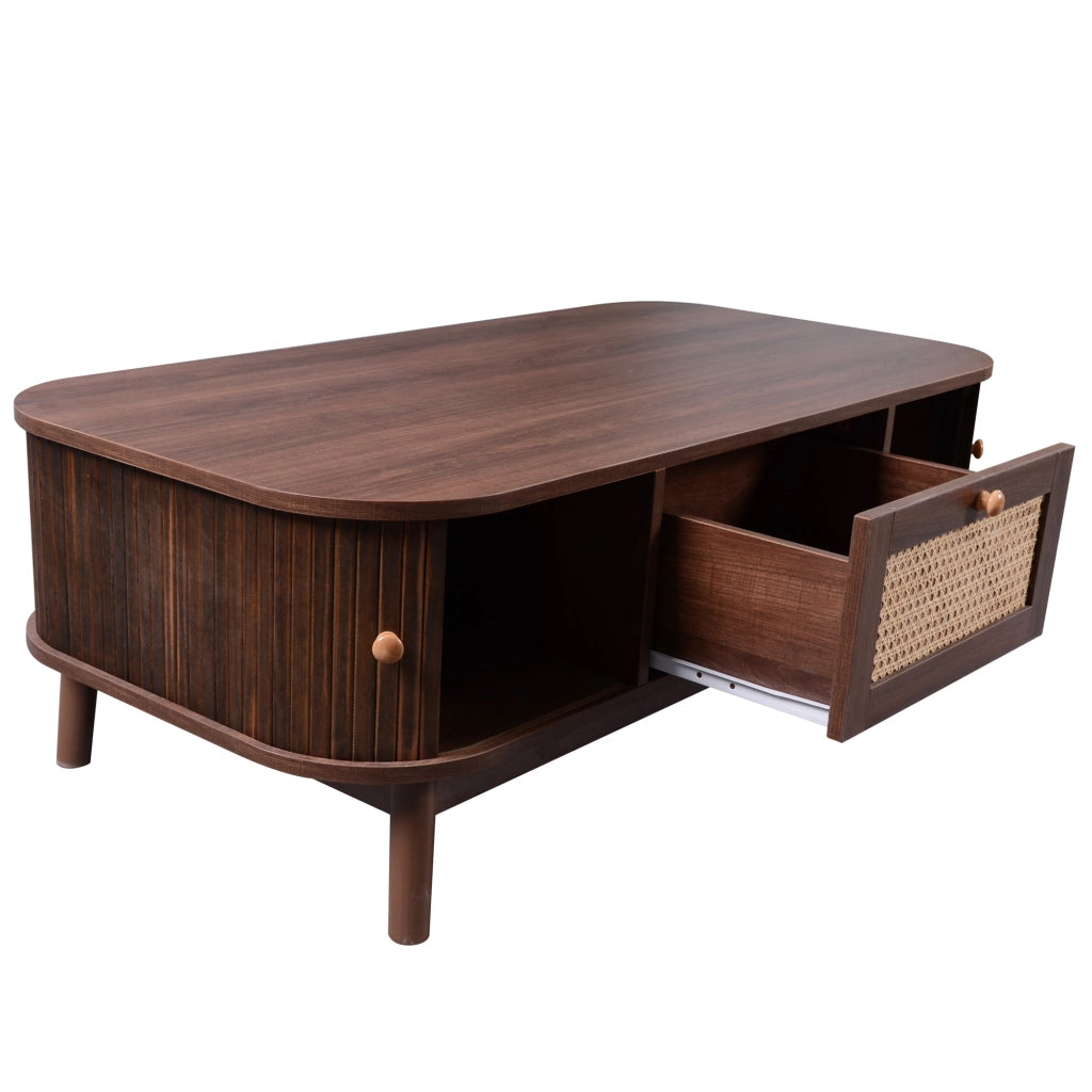 Tavolino da Caffè con 2 Cassetti e 2 Ante Scorrevoli; Rattan; Stile Country; in MDF; Naturale; 110×55×38;5 cm