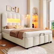 Letto imbottito 90x200 cm con contenitore idraulico; LED e testiera regolabile in velluto beige
