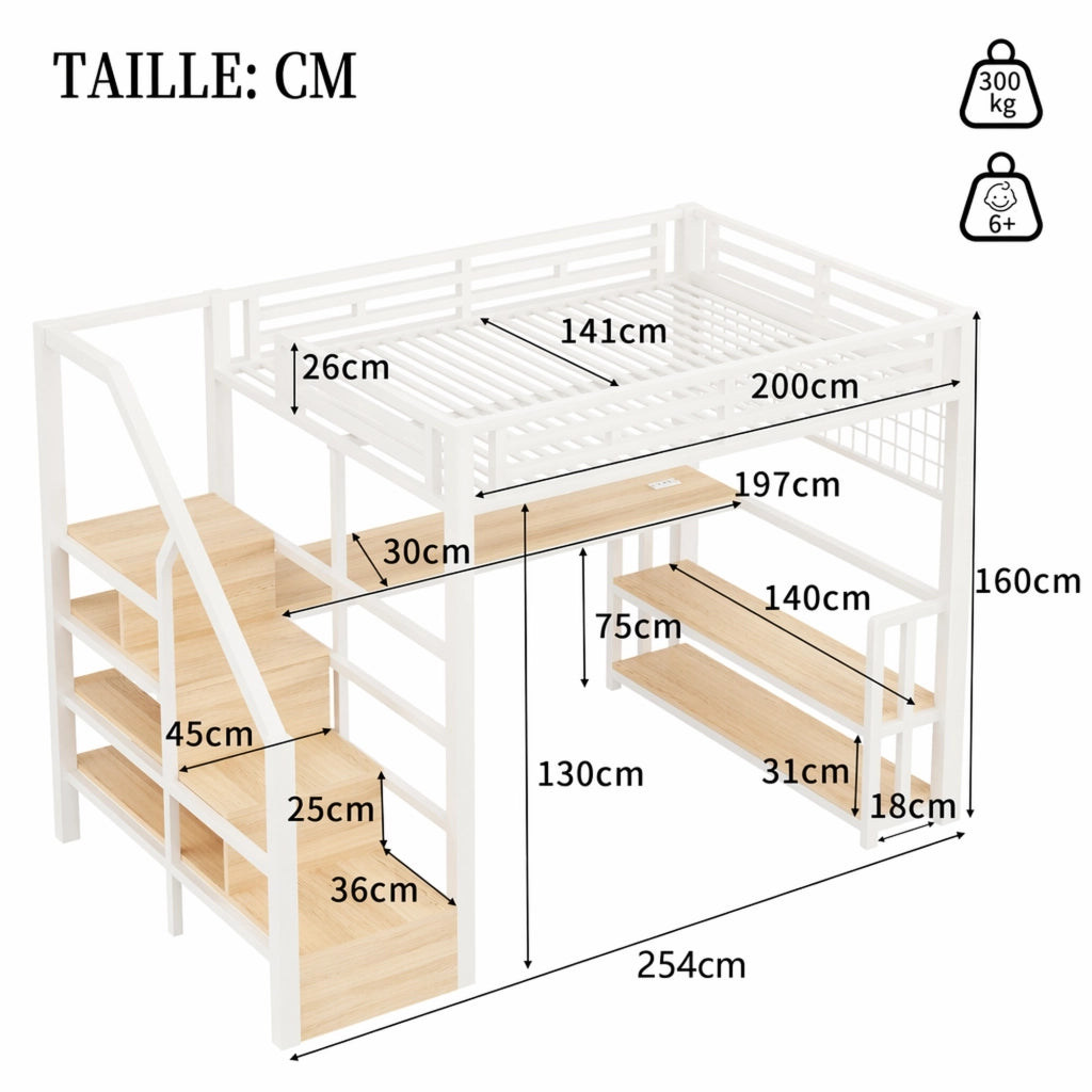 DESMIU Letto a soppalco 2 posti con scrivania, scaffale, griglia, LED regolabile e USB Tipo-C 140 × 200 cm senza materasso
