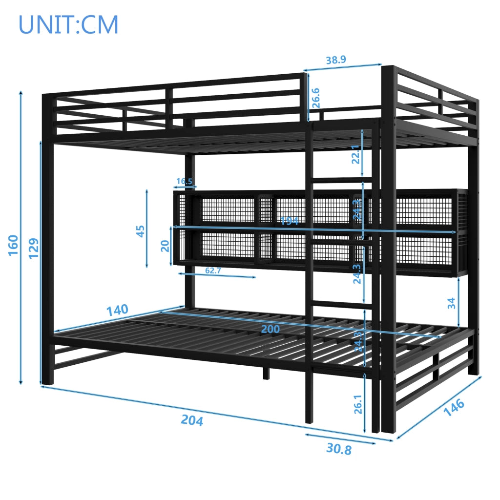 Letto a castello in metallo 140x200 con vani contenitori e luce LED