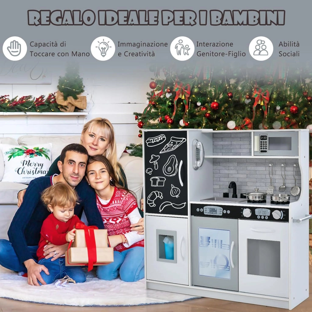 Cucina Giocattolo per Bambini, Cucina Legno per Bambini con Lavagna, Telefono, Microonde e Macchina per Ghiaccio, con Accessori e Suoni Realistici, per Bambini 3-6 Anni (Bianco)