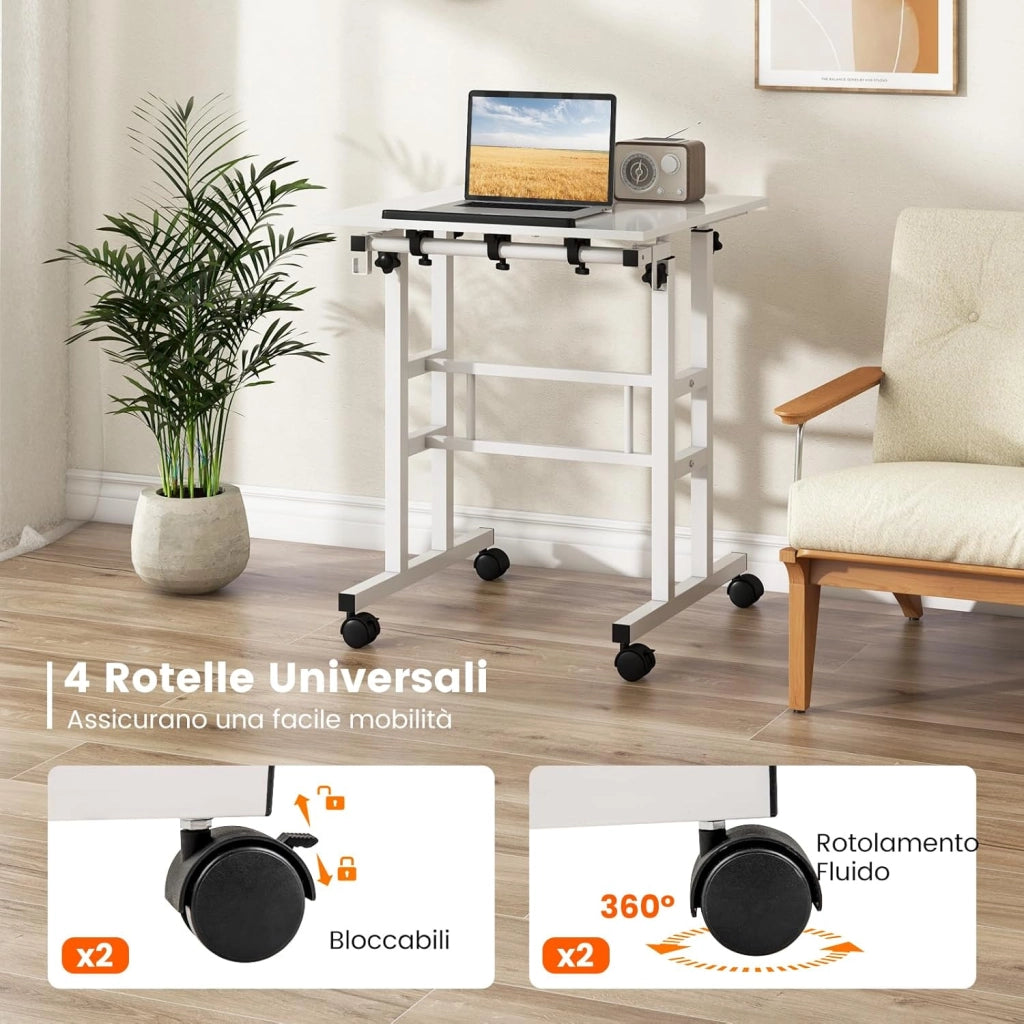Scrivania per Computer Regolabile in Altezza, Scrivania Salvaspazio con Ruote e Ganci, Tavolo Porta PC per Studio e Ufficio, 60 x 60 x 72-124 cm (Bianco)