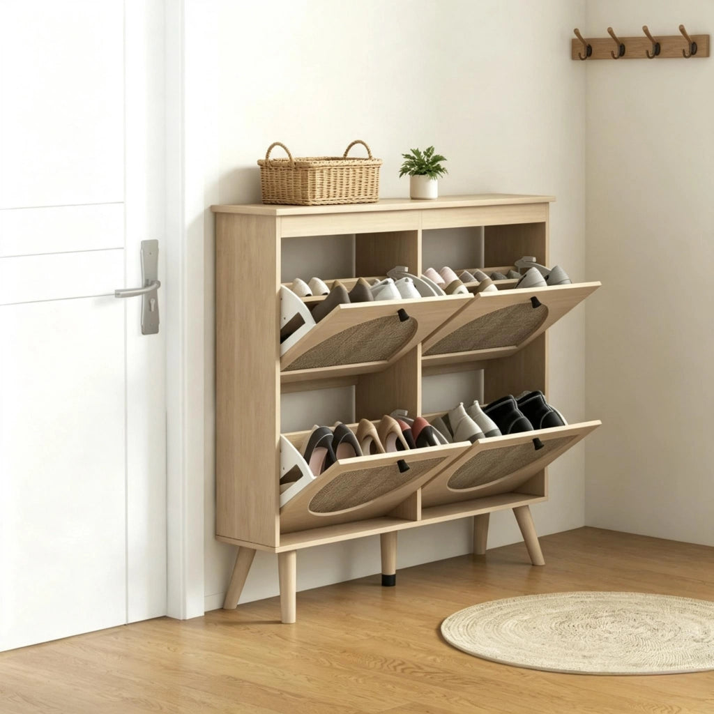 SCARPIERA con 4 cassetti ribaltabili 105x24x97,5 cm Legno naturale Rattan