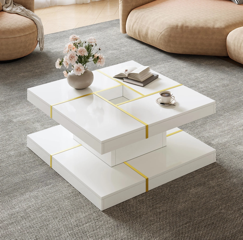Tavolino da caffè a 2 livelli bianco 80x80 cm con dettagli dorati