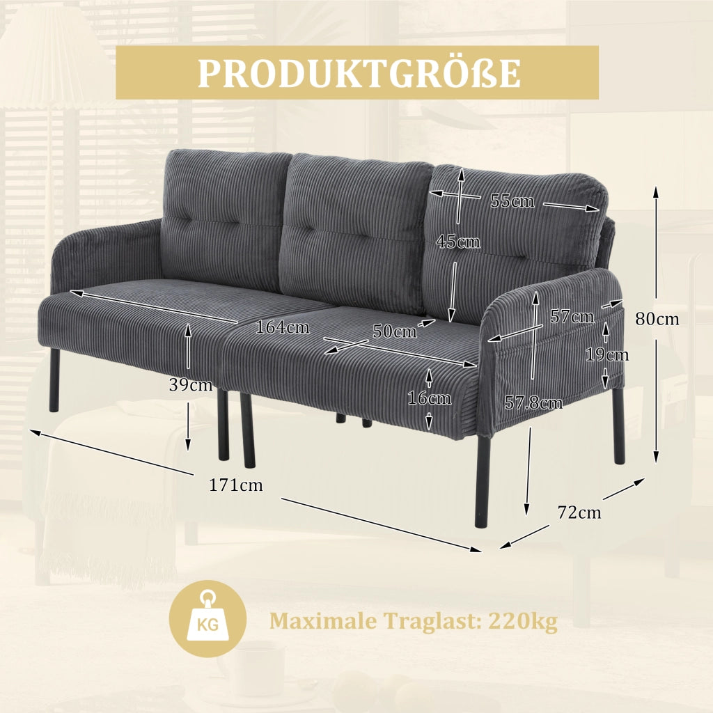 Divano a 3 posti in velluto a coste con ampia seduta, schienale ergonomico, tasca laterale e struttura in metallo grigio