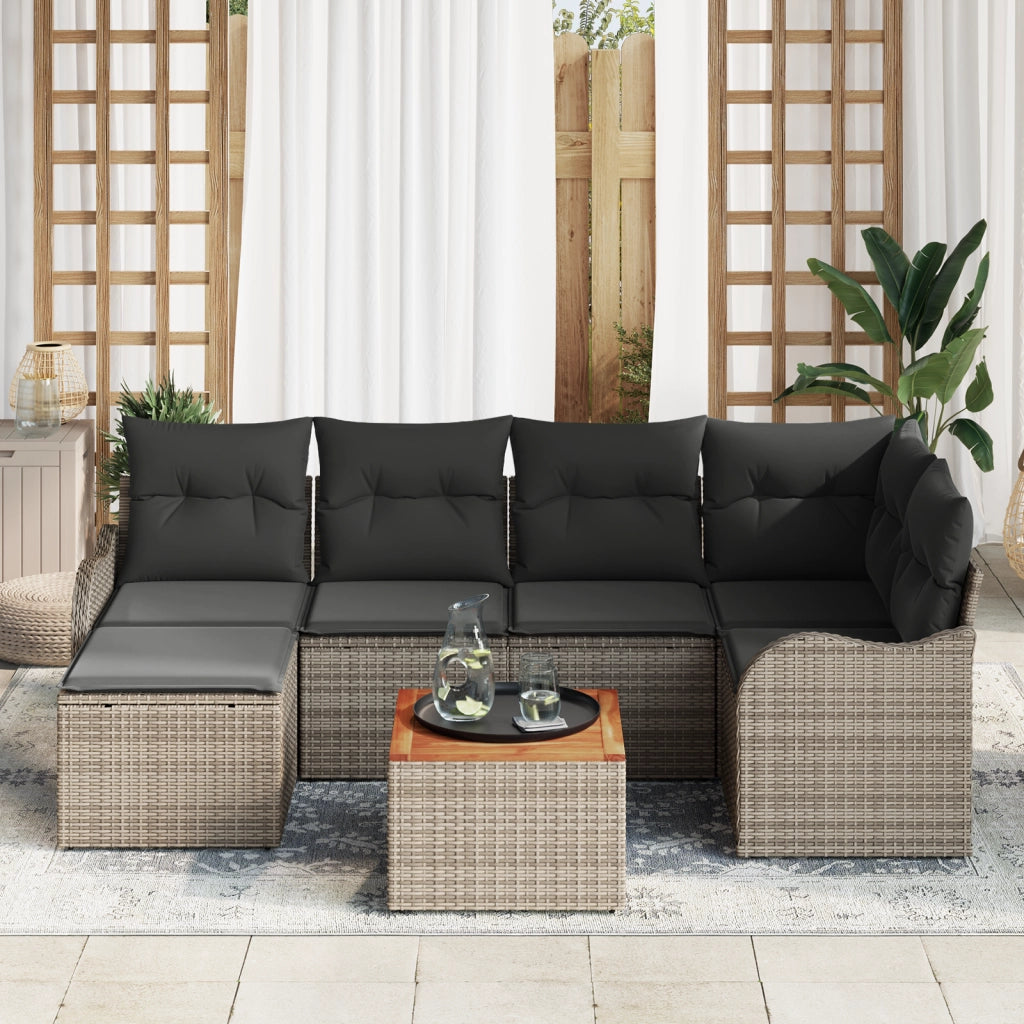 Set di divani da giardino a 7 pezzi con cuscini grigio polyrattan acacia
