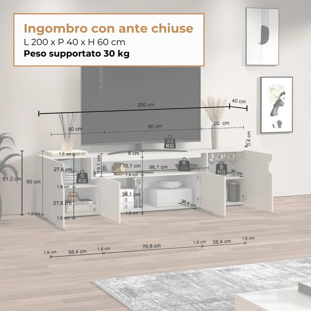 WHOUS Mobile porta TV Real con 4 ante e 1 vano aperto cashmere 200x40x60 cm