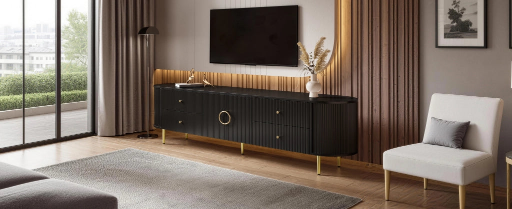 Cassettiera TV nera in MDF; lunghezza 180 cm