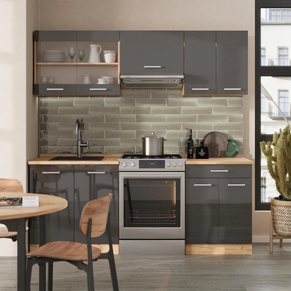 Cucina componibile R-Line Antracite lucido/Rovere dorato 200 cm senza piano di lavoro Vicco