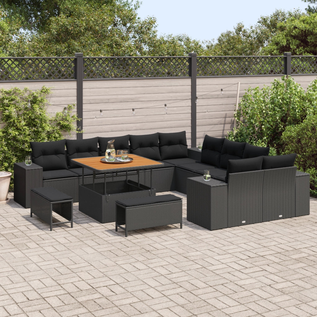 Set di divani da giardino da 13 pezzi con cuscini neri in polyrattan e acacia