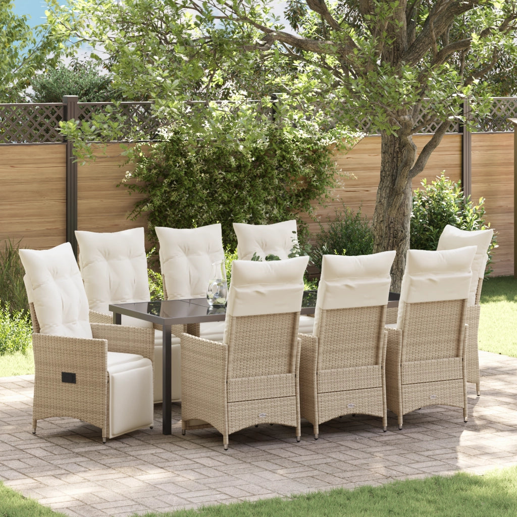 Set da Pranzo da Giardino da 9 Pezzi con Cuscini Beige Rattan Poliestere