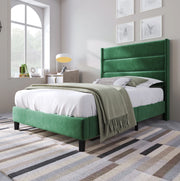 Letto singolo 90x200 cm in velluto verde scuro con rete a doghe e testiera imbottita