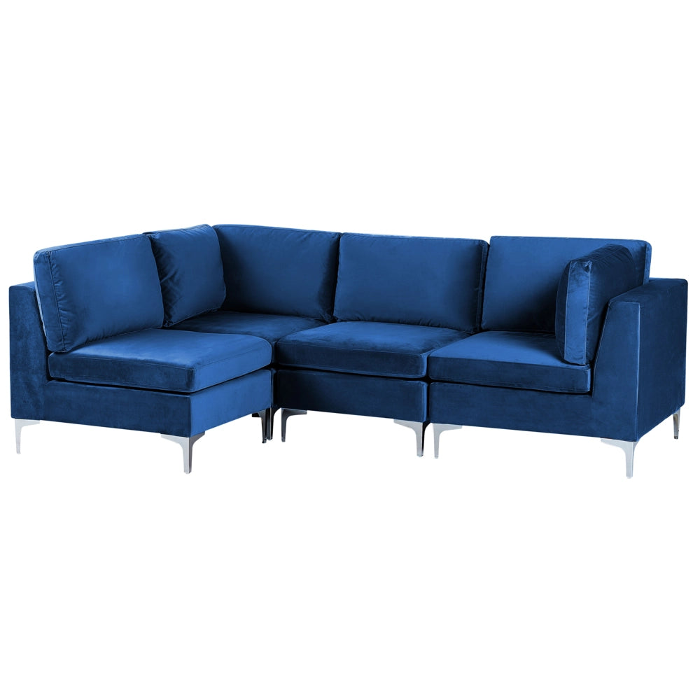 Divano componibile ad angolo versione destra in velluto blu marino 4 posti a forma di L con gambe in metallo argento stile glamour