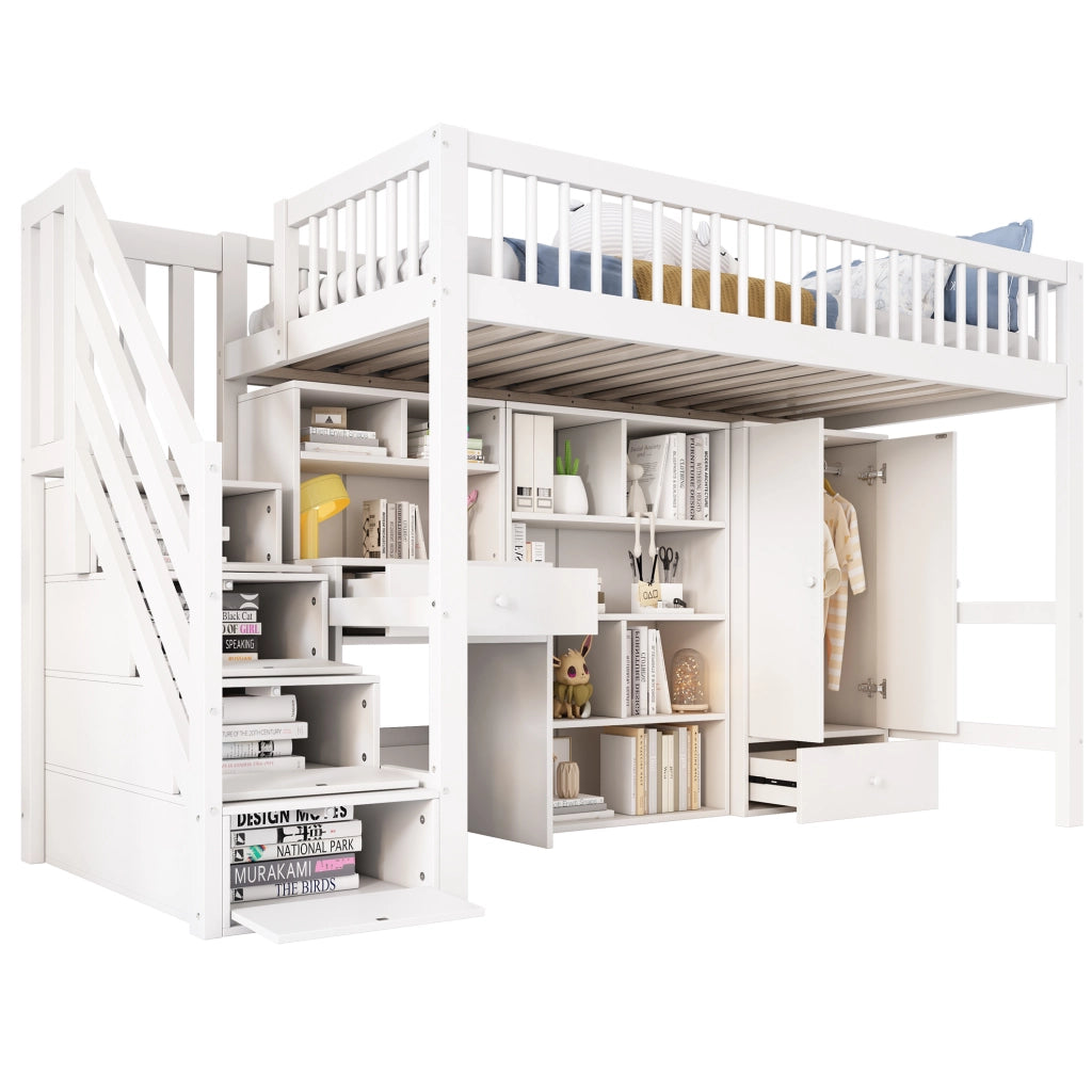 Letto per bambini multifunzionale con scrivania; scala e armadio; 90x200 cm; legno massello; bianco