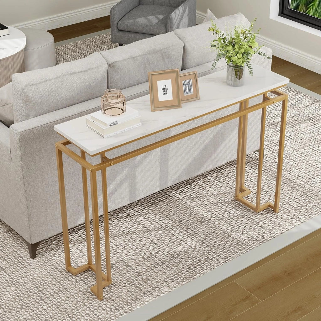 Tavolo Consolle 120cm, Tavolo da Ingresso Sottile con Piano in Finto Marmo e Telaio in Metallo, Piedini Regolabili e Dispositivo Antiribaltamento, Tavolino Elegante per Corridoio, Soggiorno