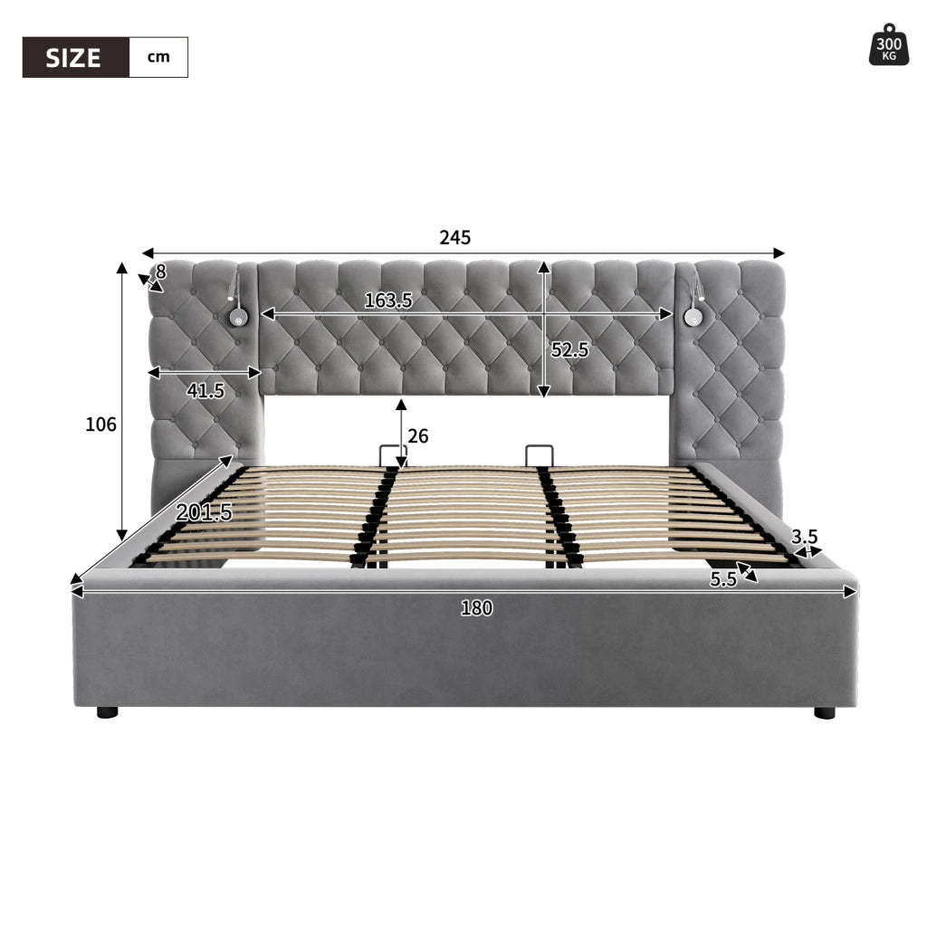 Letto matrimoniale 180x200 cm in velluto grigio con luce da lettura e contenitore idraulico