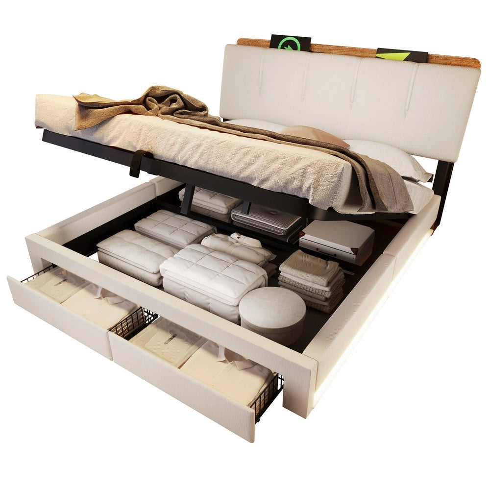 Letto Imbottito Contenitore con LED ¨C Xylo ¨C Tessuto Beige, 140x200, Idraulico