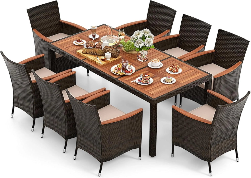 Tavolo e Sedie da Pranzo in PE Rattan, Set di Mobili in Rattan, Set di Mobili Composto da 9 Pezzi, con 8 Sedie e 1 Tavolo, Piano del Tavolo in Acacia, per Interno e Esterno