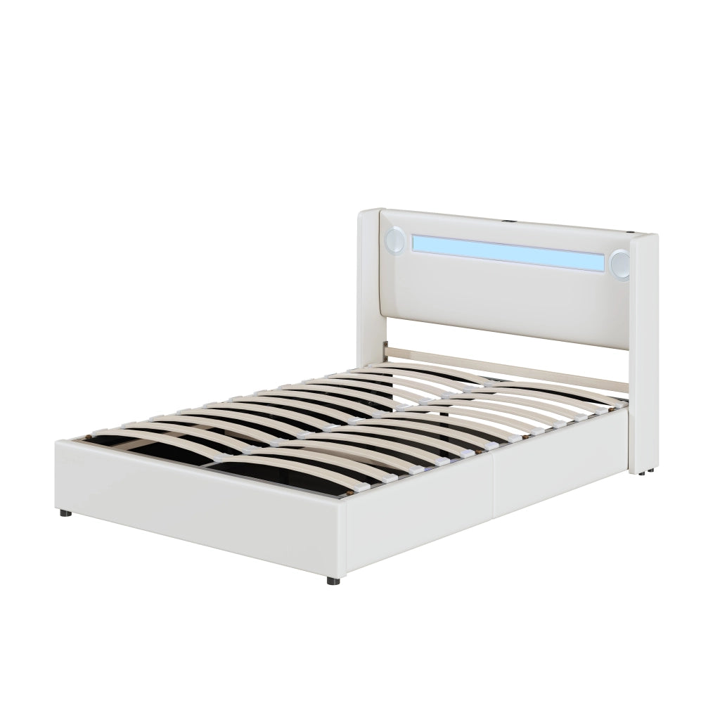 OKWISH Letto Contenitore 140×200 cm, Letto Matrimoniale con LED Regolabile, Bluetooth, USB e Tipo C, senza Materasso, in Ecopelle Bianco