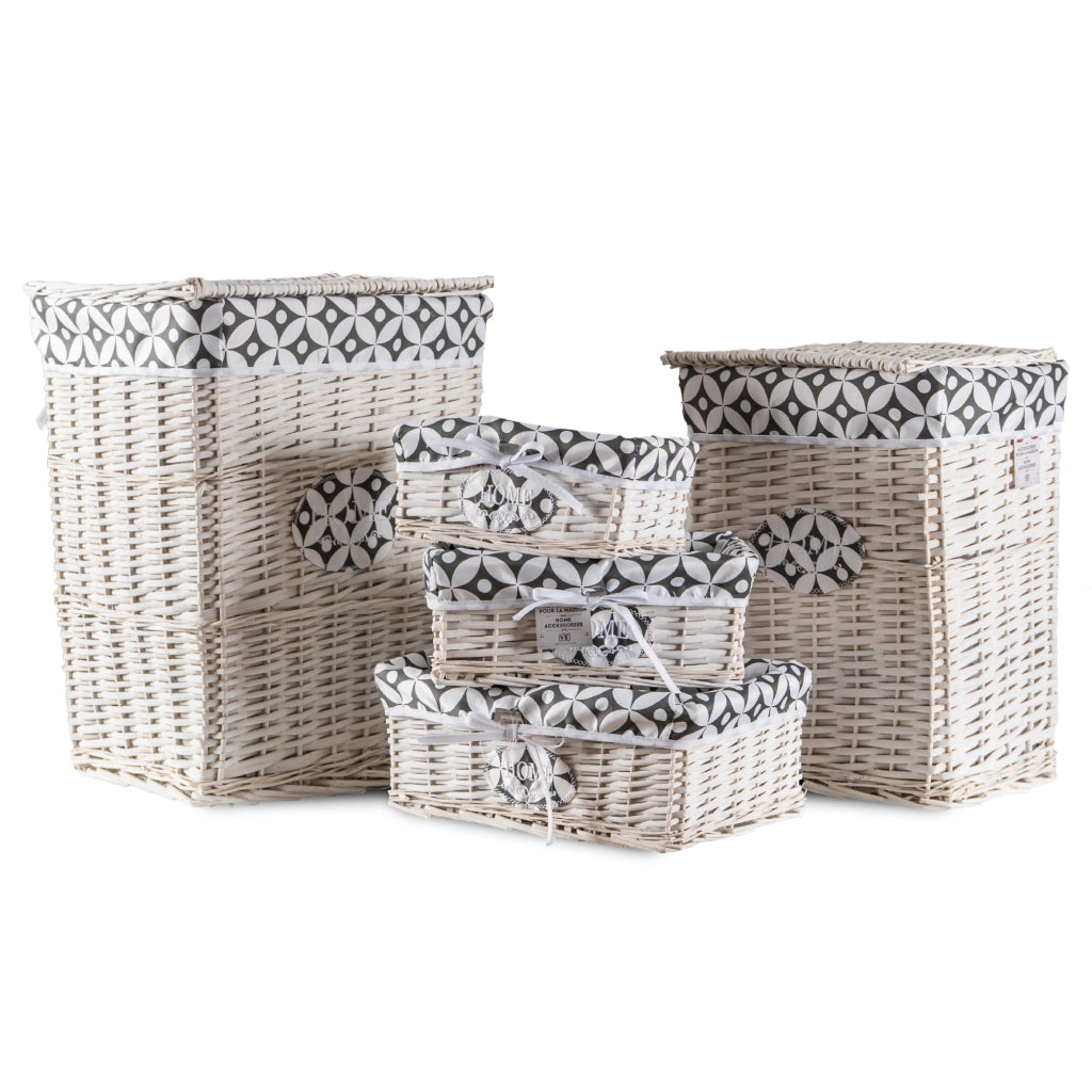 Set 3/5 Pezzi Ceste Portabiancheria in Vimini con Coperchio e Fodera Interna in Tessuto, Contenitori Multiuso per Bucato, Bagno, Lavanderia e Camera da Letto, Design Shabby Chic   5 Ceste NickTipo2