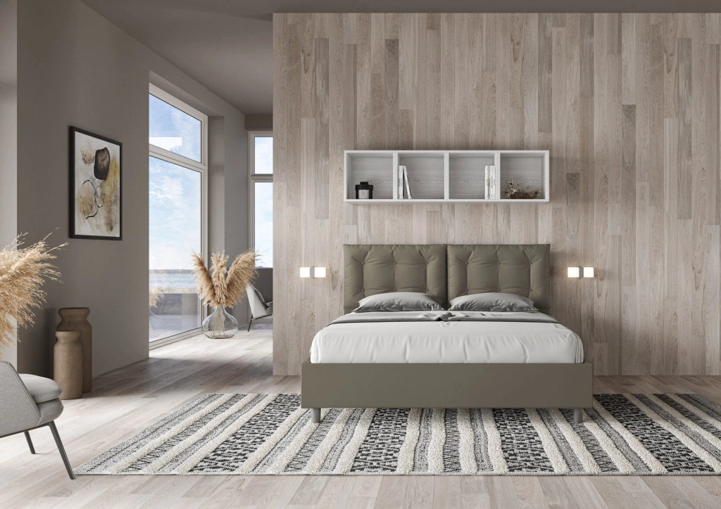 Letto Matrimoniale 160x190 cm con Rete e Contenitore con Alzata Comoda Imbottito in Similpelle Annalisa Cappuccino