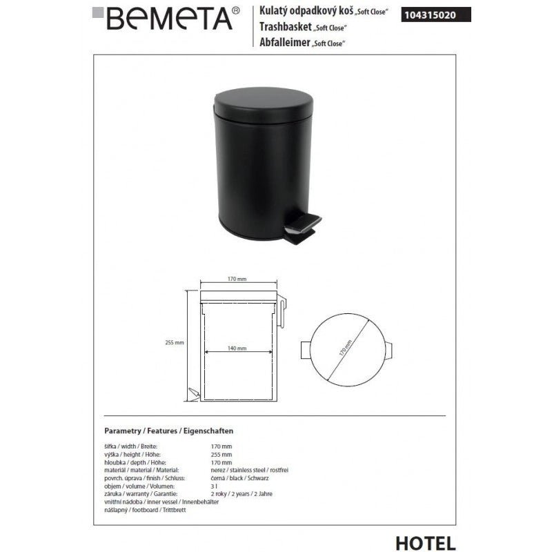Pattumiera doccia DARK soft close in acciaio nero / 3L