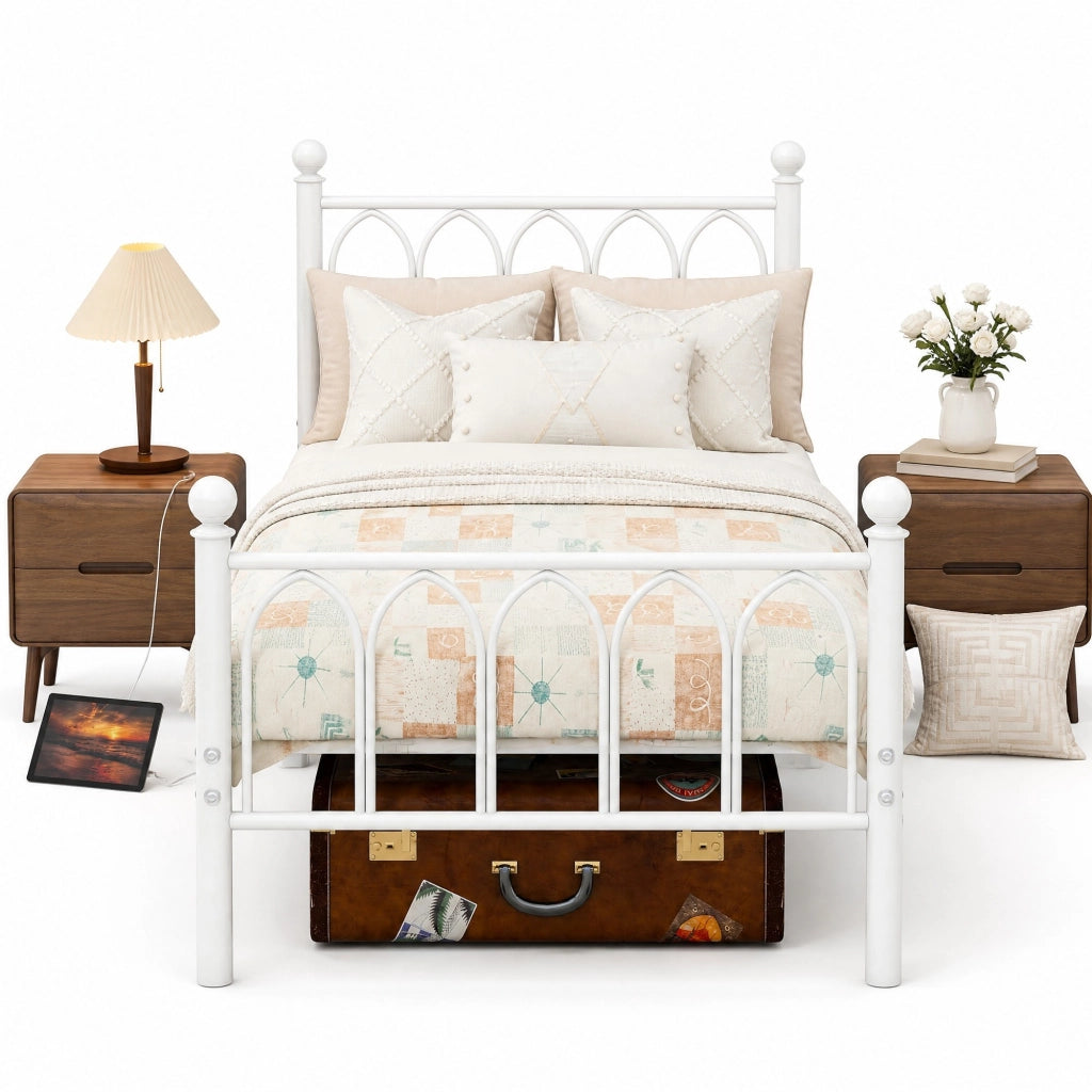 Letto singolo in metallo 90x200 cm con testiera alta, LED, USB e presa integrata, bianco