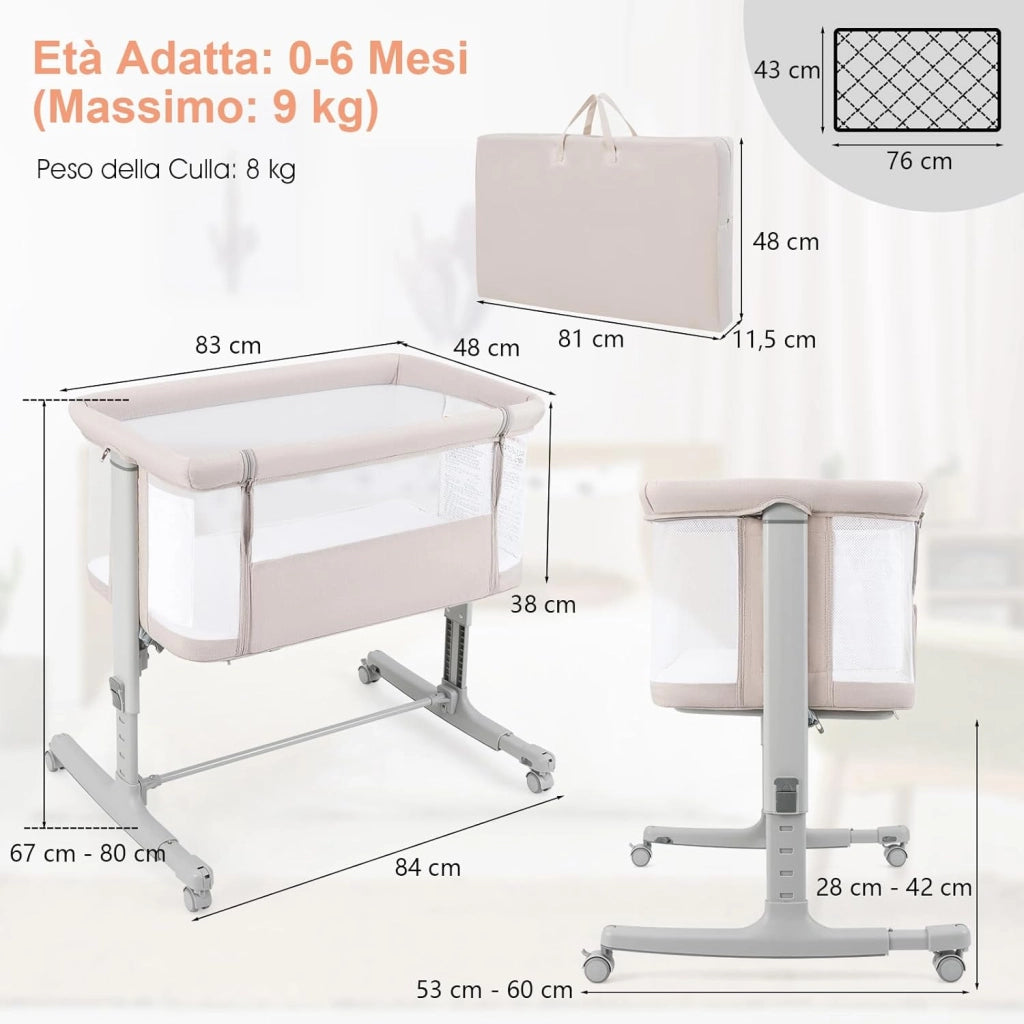 3 in 1 Culla Neonato Fianco Letto, Lettino Neonato Dondolo con Materasso, Culla Co-Sleeping Fino a 9 kg, Altezza Regolabili, 84 x 59,5 x 80,5cm (Beige)