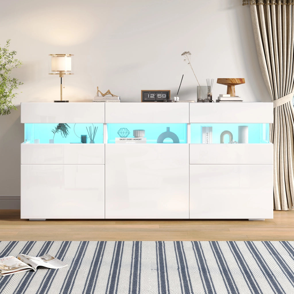 Credenza bianca lucida con LED e 3 ante, 140 cm