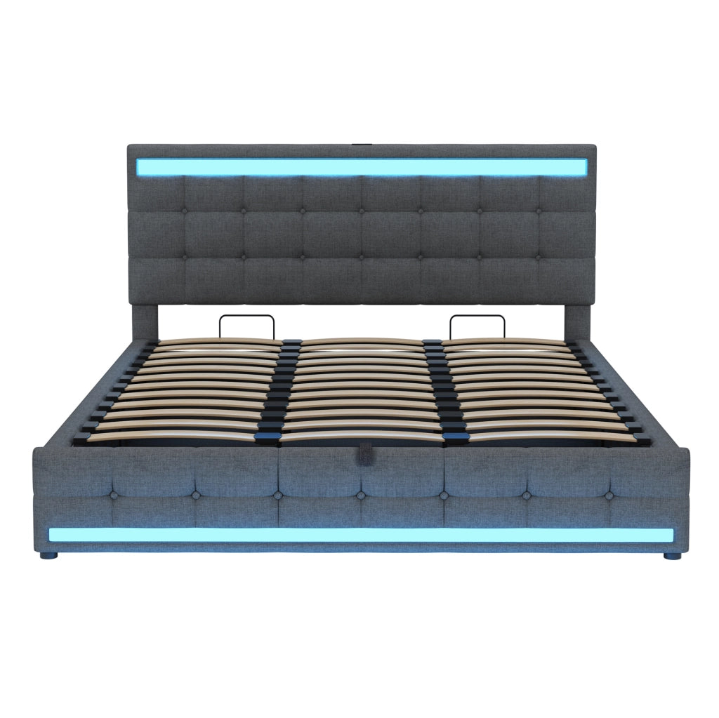 Letto imbottito 180x200 cm con LED RGB e USB; stoffa grigio