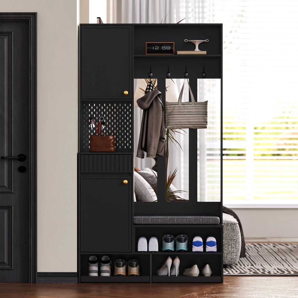 Set mobili da ingresso con appendiabiti, armadio, panca imbottita, 4 ganci e 2 cassetti, in MDF nero