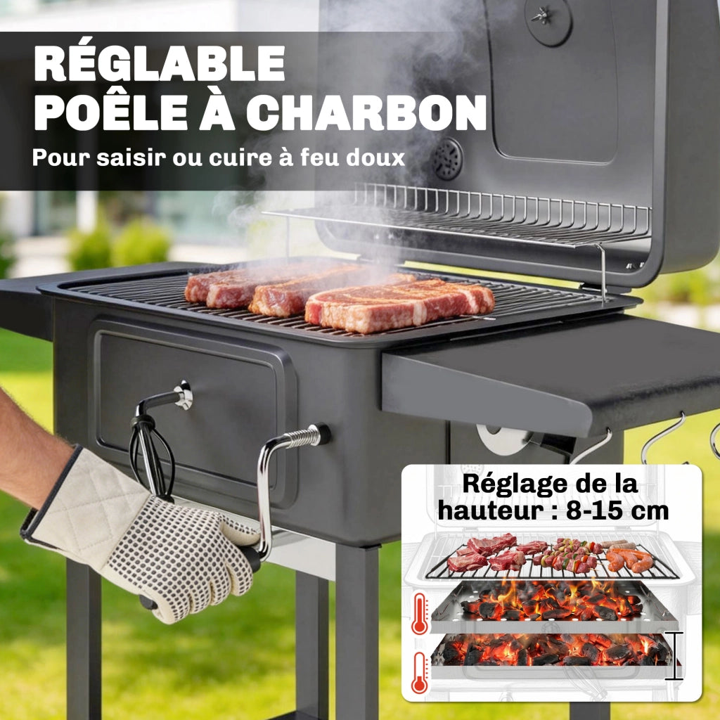 Barbecue a carbone con griglia regolabile ¨C zephmum ¨C con ripiani laterali e termometro