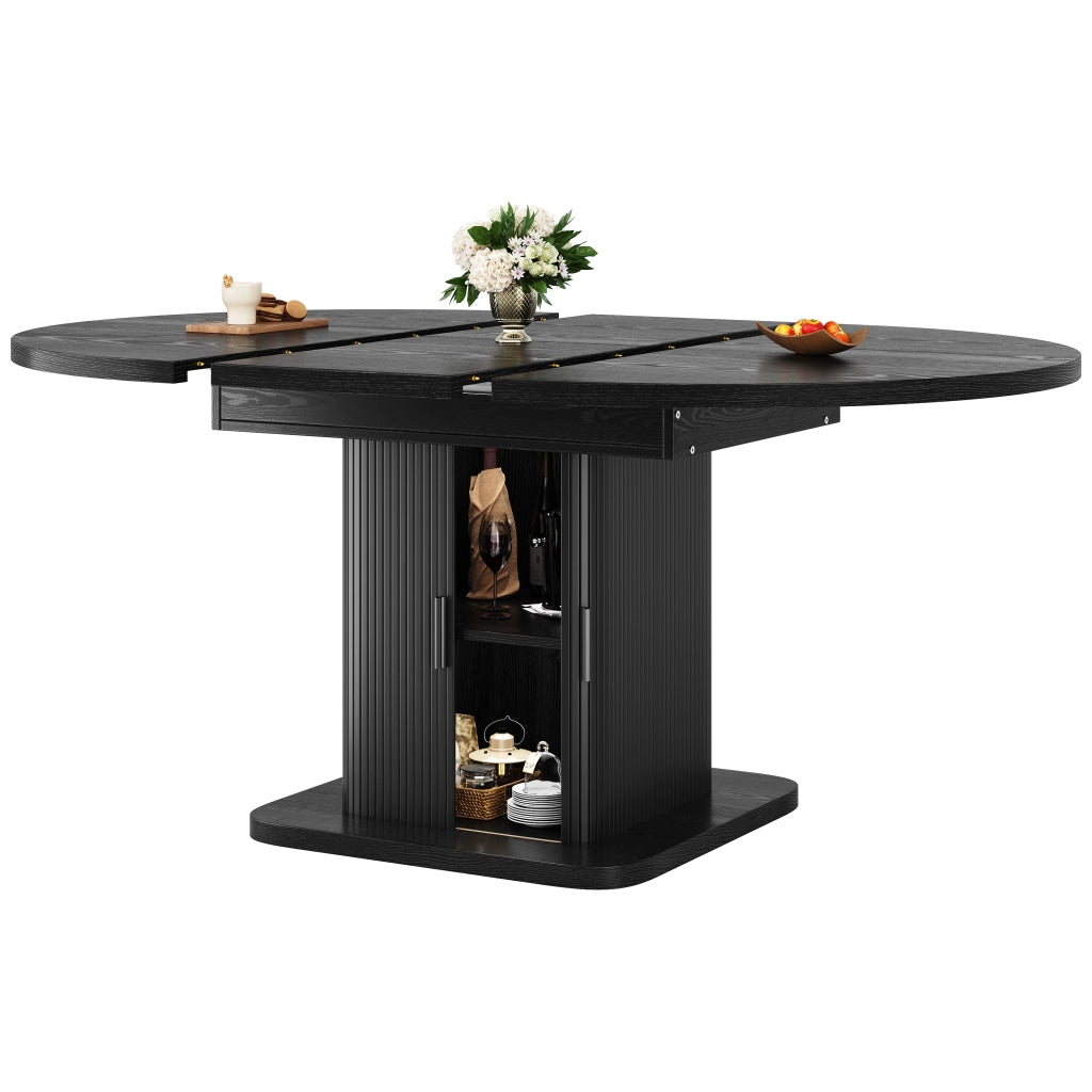 Tavolo da pranzo estensibile ovale con vano contenitore; ante scorrevoli e ripiano rimovibile; per sala da pranzo; nero