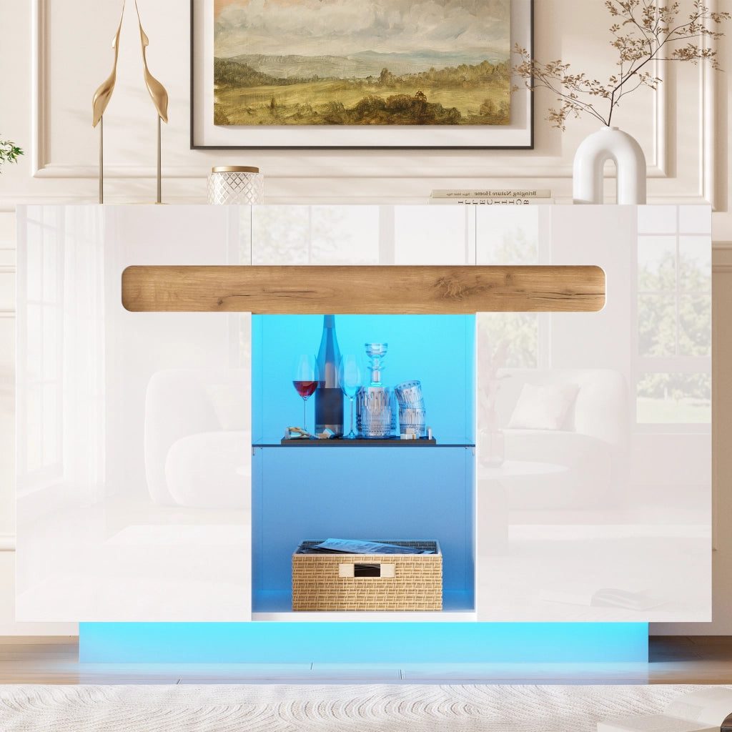 Credenza moderna con LED, fronti lucide, 120 ¡Á 40 ¡Á 80 cm, bianco e effetto legno naturale
